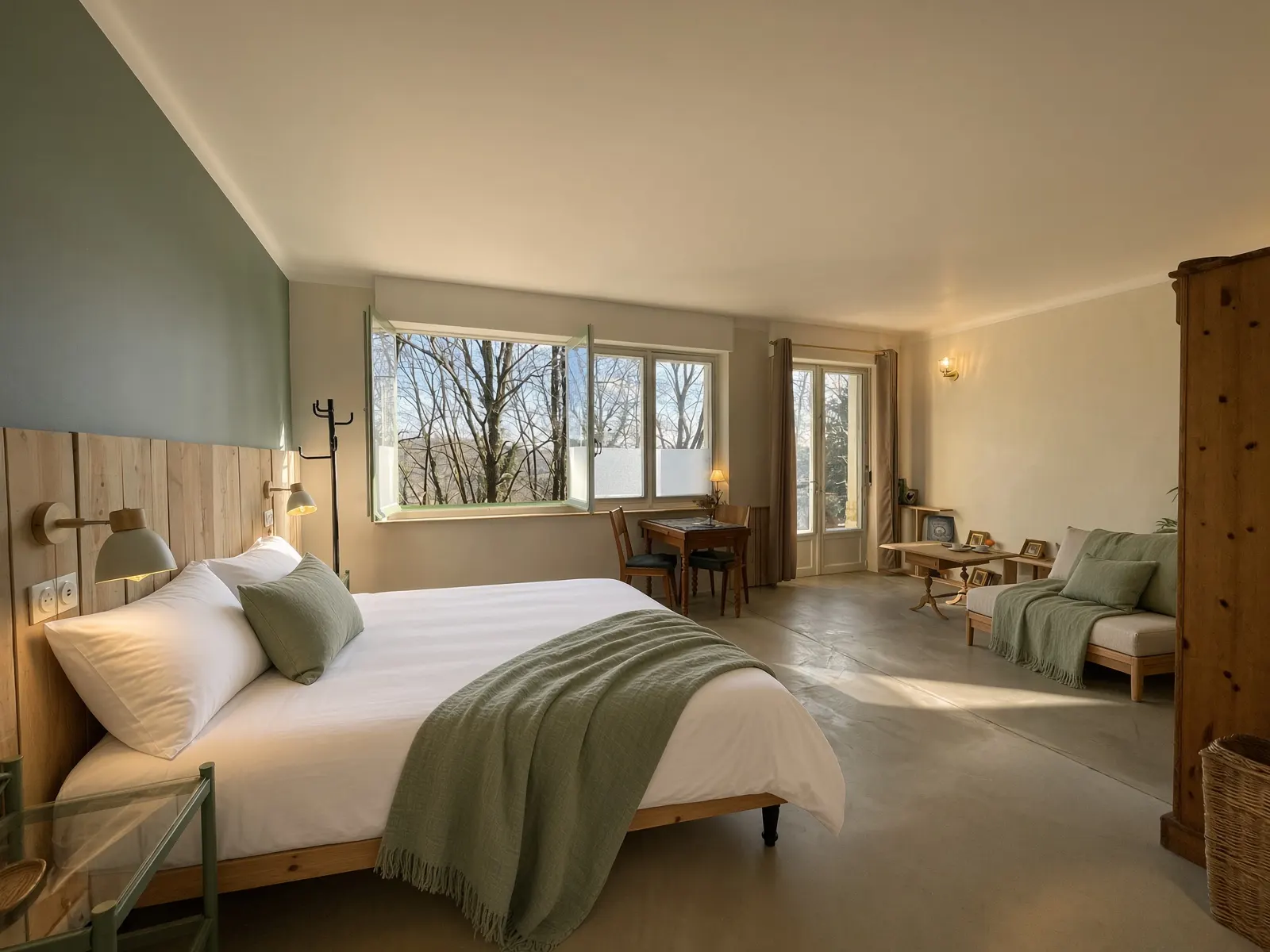 La suite et sa chambre ouverte sur les arbres