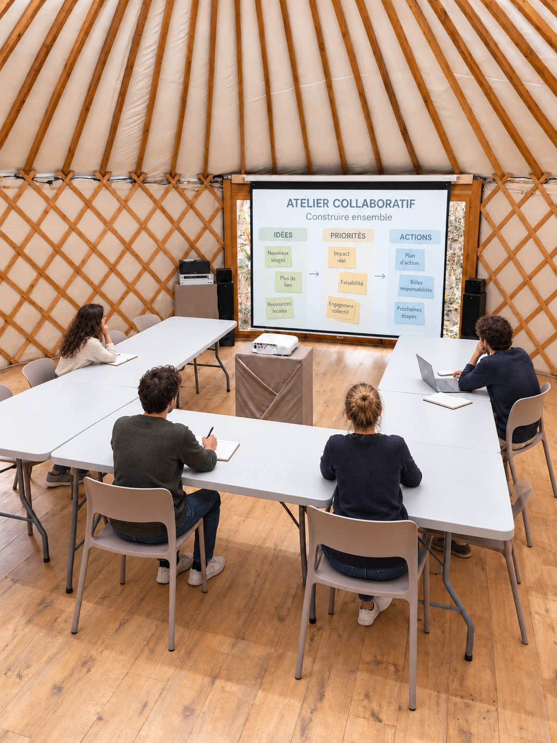 Illustration retouchée d’un atelier de travail avec participants et projection dans la yourte