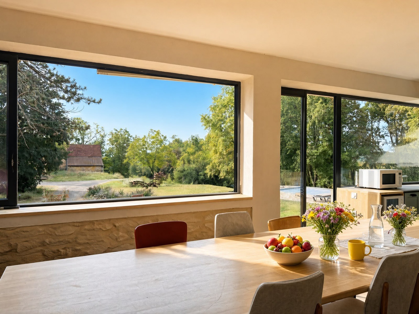 La salle à manger de la Casa, ouverte sur le jardin